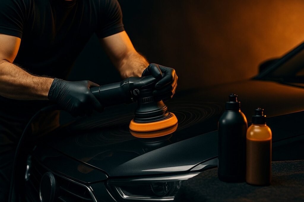 Detailer using dual-action polisher with compounds and pads