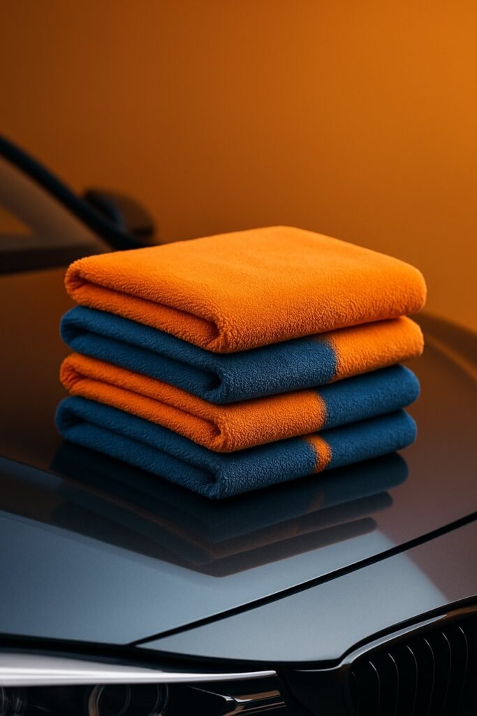 Microfibre towels stacked on a car hood