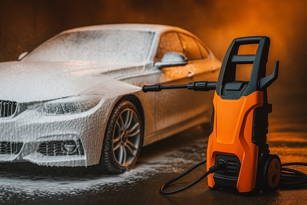 Pressure washer spraying foam onto a car